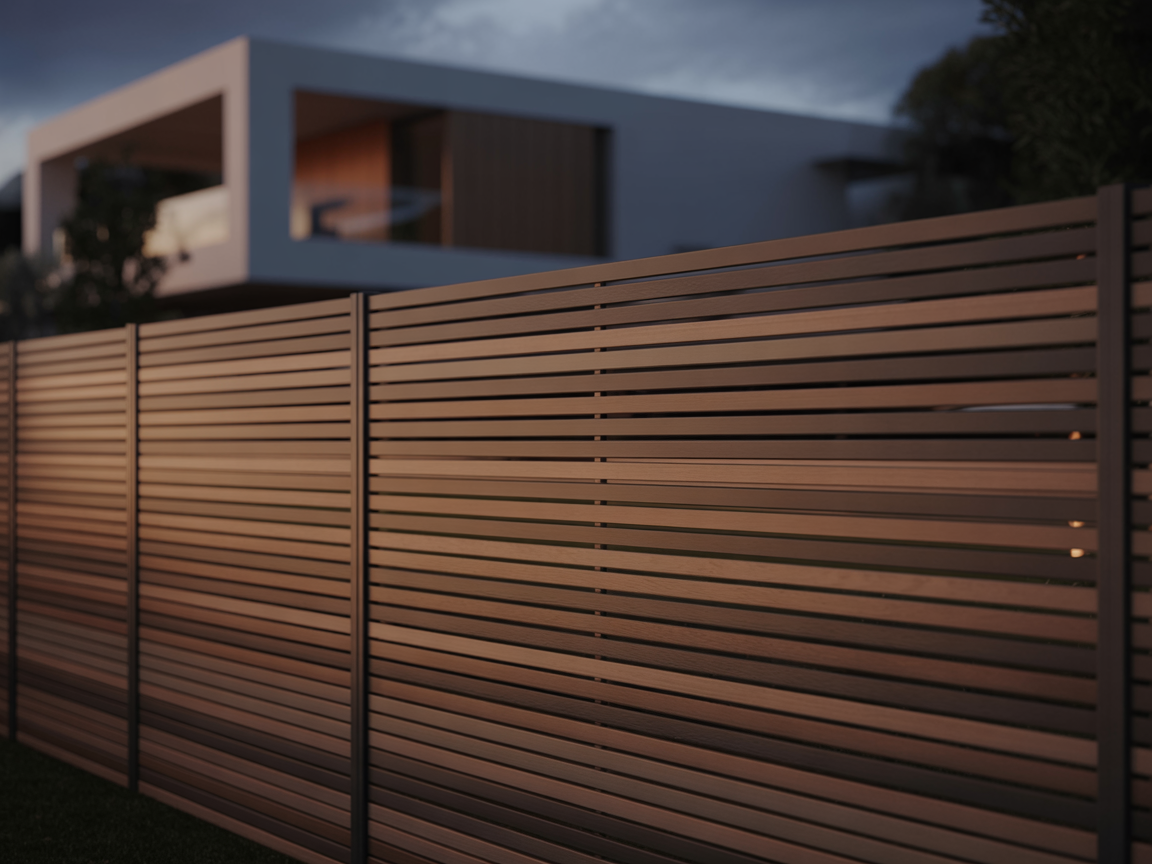 Sleek modern horizontal cedar slat fence with dramatic lighting